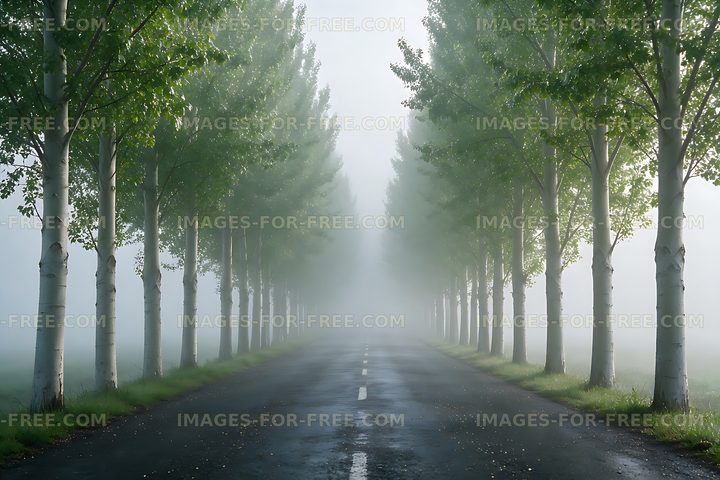 Poplar Tree Avenue in Morning Fog