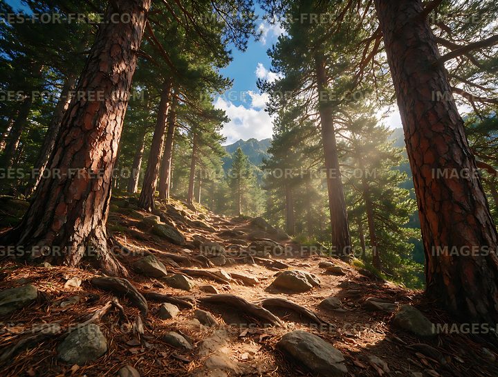 Rocky trail winding through a sunlit mountain forest