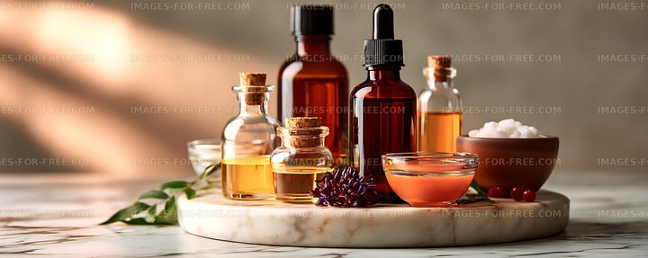 Warm natural skincare still life with glass bottles and cream