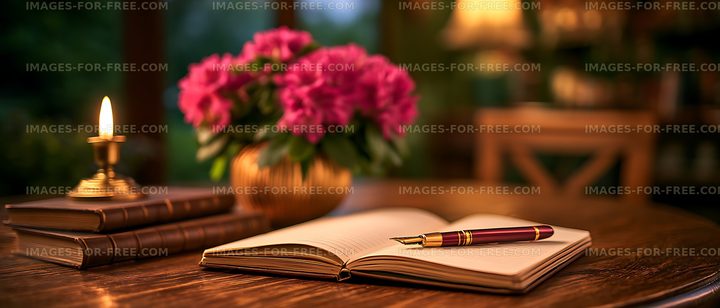 Warm vintage writing desk still life with flowers and candle