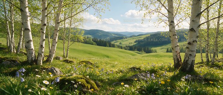 Sunlit birch woodland overlooking green mountain hills