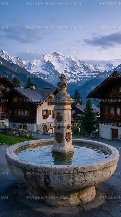 Historic Swiss village fountain with alpine mountain backdrop