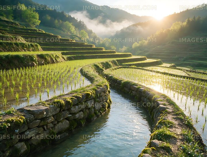 Misty mountain rice terraces with irrigation water