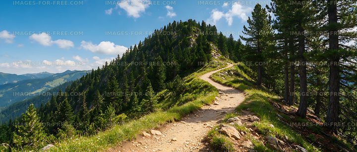 Rocky mountain hiking path through pine trees