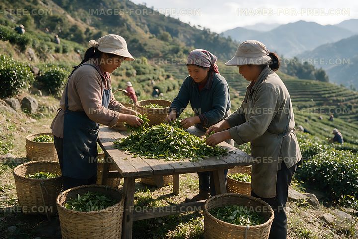 Workers Sorting Tea Leaves Among Mountain Plantation Terraces