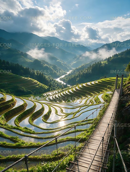 Mountain valley with reflective rice terraces and bridge