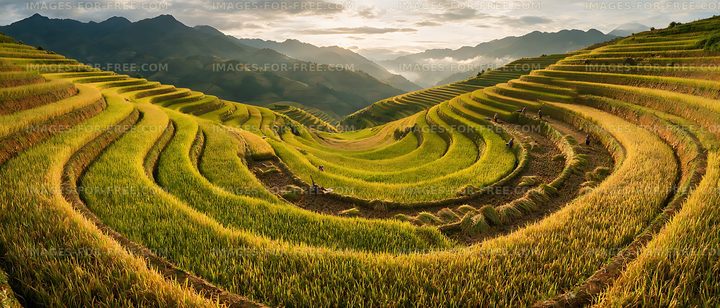 Sunlit terraced fields in a mountain valley