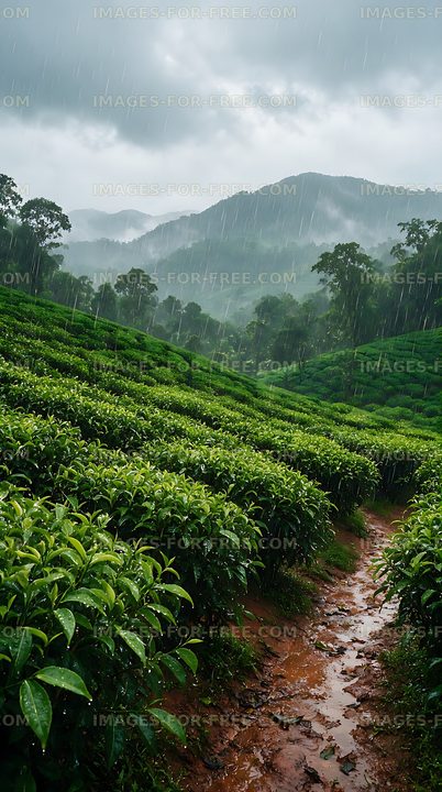 Lush tea fields beneath rainy mountain slopes