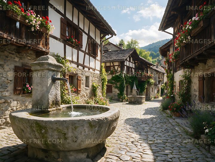 Historic Swiss village fountain on a sunny cobblestone lane