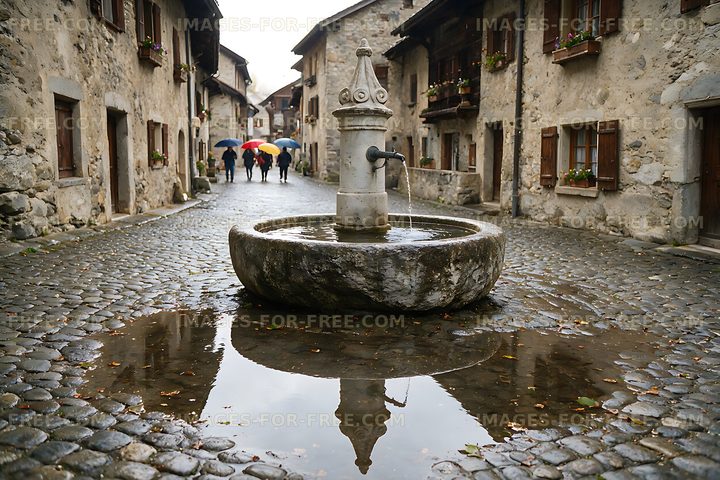 Traditional fountain in a rainy Swiss village lane