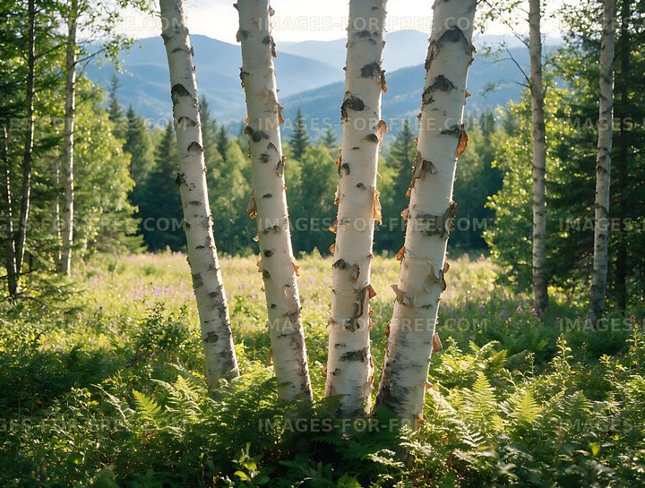 Sunlit birch trees with distant mountain scenery