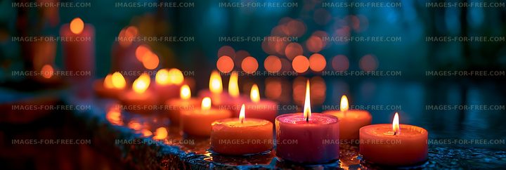 Colorful burning candles with warm bokeh background