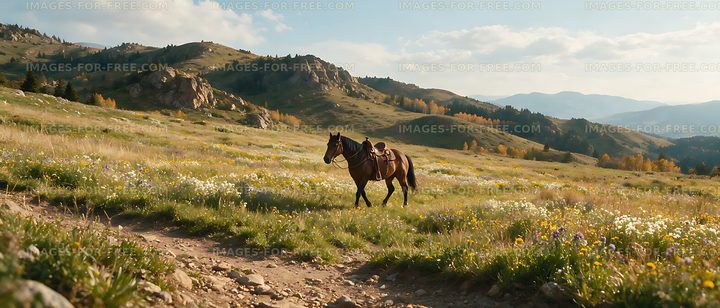 Saddled horse in a flowering alpine meadow