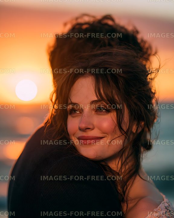 Close portrait of smiling woman in warm sunset light