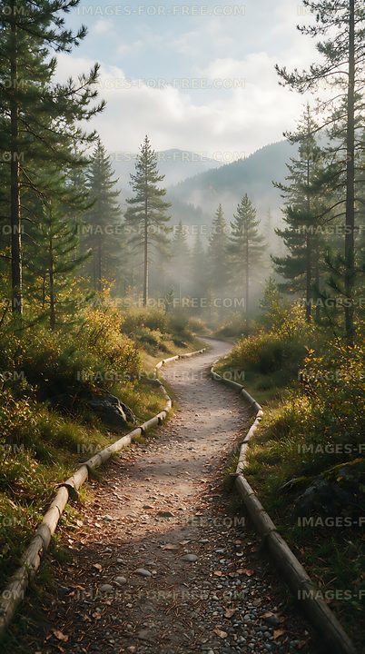Misty mountain path among pine trees