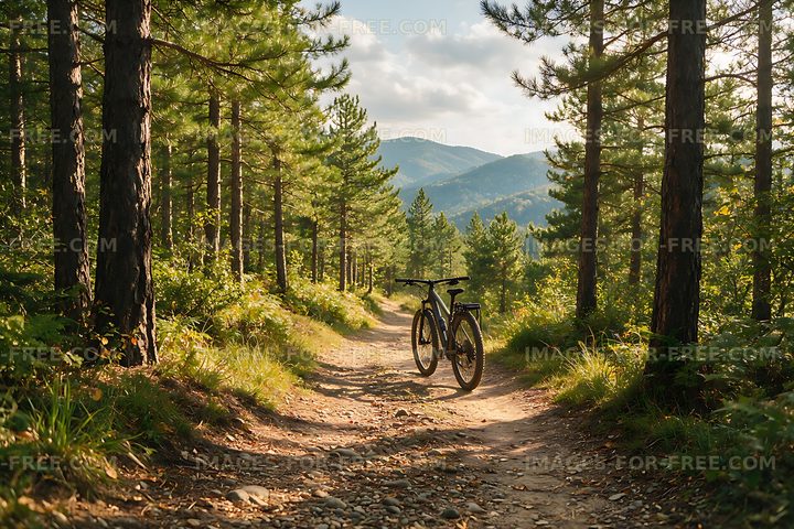 Mountain Bike Resting on Forest Mountain Trail
