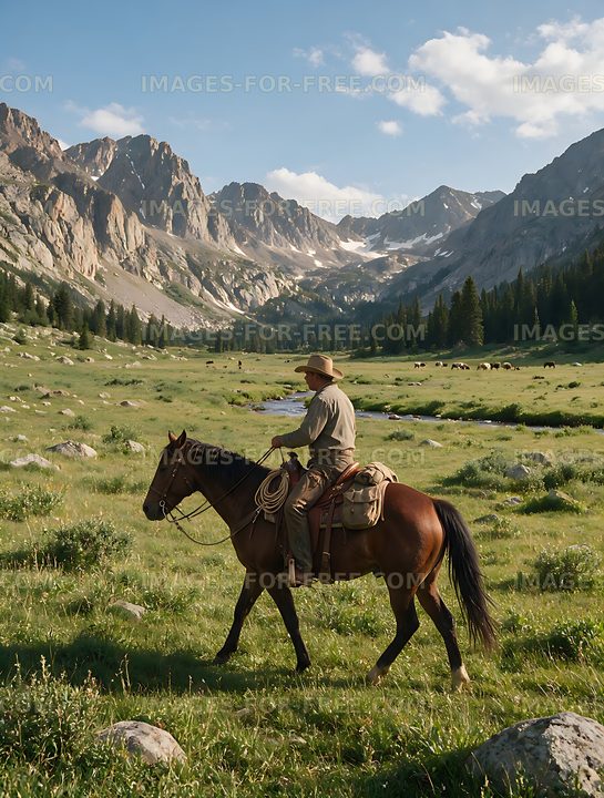 Rider on horseback in a scenic alpine meadow
