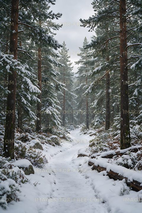 Winter trail through snowy pine trees