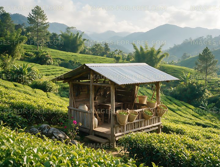 Green tea fields and rustic shelter in mountain valley