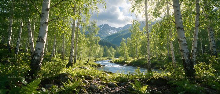 Sunlit birch woodland beside a mountain stream