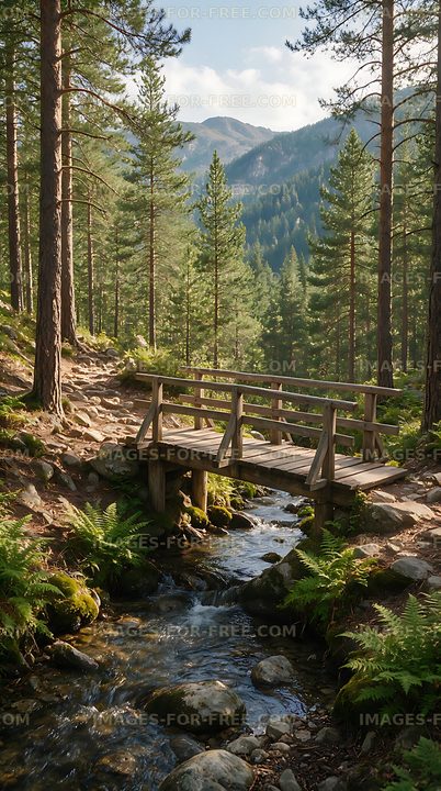 Pine forest mountain trail crossing a wooden bridge