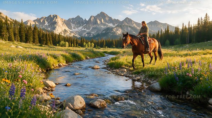 Rider on horseback in a flower-filled alpine meadow