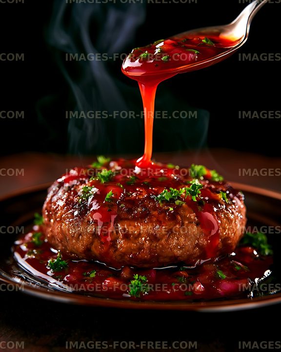 Meatloaf topped with herbs and pouring red sauce