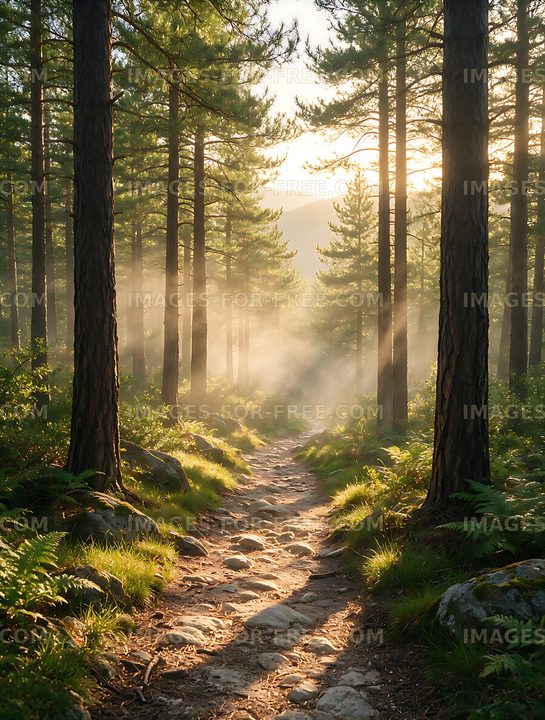 Rocky Trail in a Sunlit Pine Forest