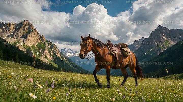 Saddled horse in a mountain wildflower meadow