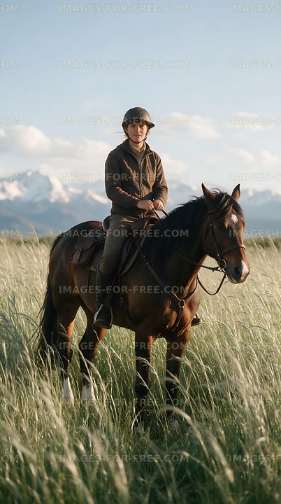 Rider on horseback in a grassy mountain meadow