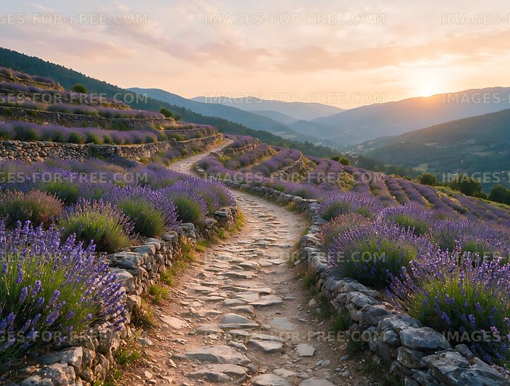 Lavender terraces and stone path in a mountain valley