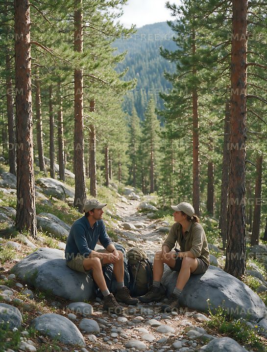 Two hikers taking a break on a forest mountain trail