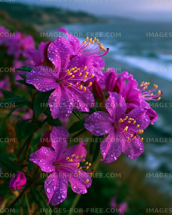 Pink flowers with water droplets near the ocean
