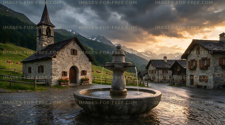 Stone fountain in a Swiss Alpine village at sunset