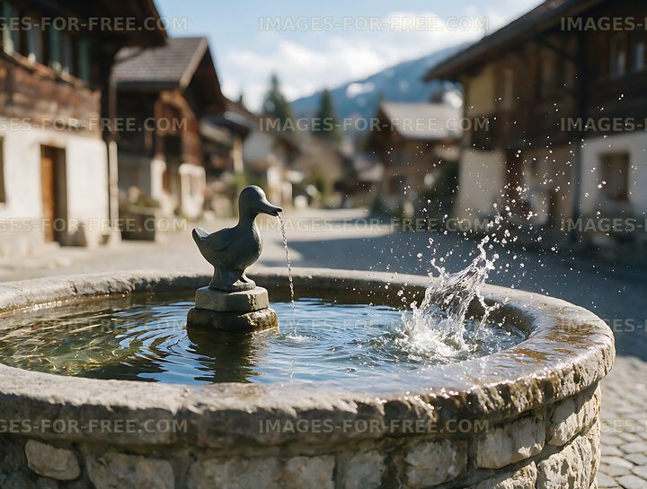 Stone duck fountain in an alpine village