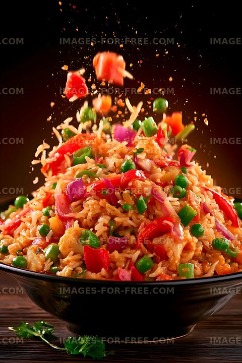 Vibrant rice and vegetable bowl in dynamic splash