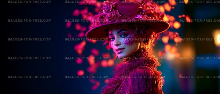 Colorful portrait of woman wearing an ornate floral hat