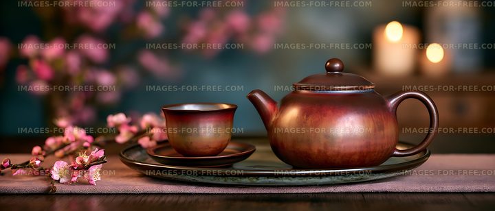 Copper teapot and cup with blossoms in candlelight