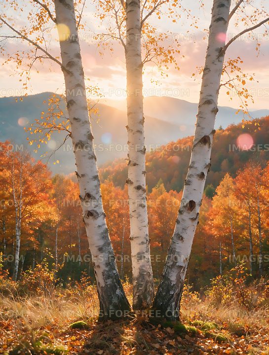 Autumn birch trees framing distant mountains