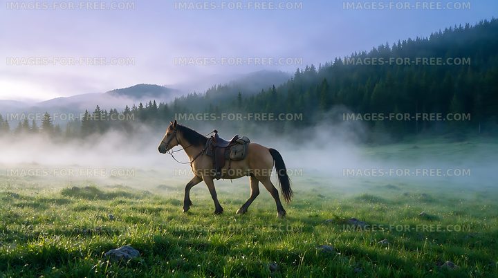 Horse in misty meadow beneath forested mountains