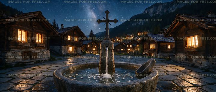 Stone fountain in a Swiss alpine village at night
