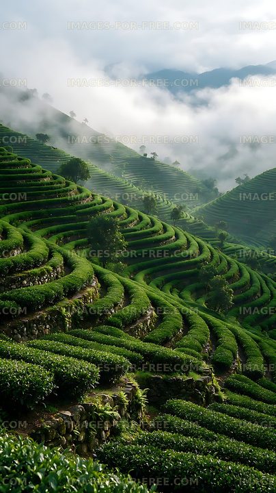 Lush terraced tea plantation in a misty mountain valley