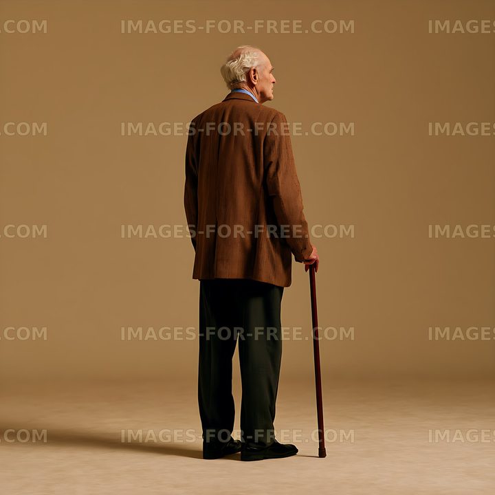Older man holding a walking cane against a warm plain background