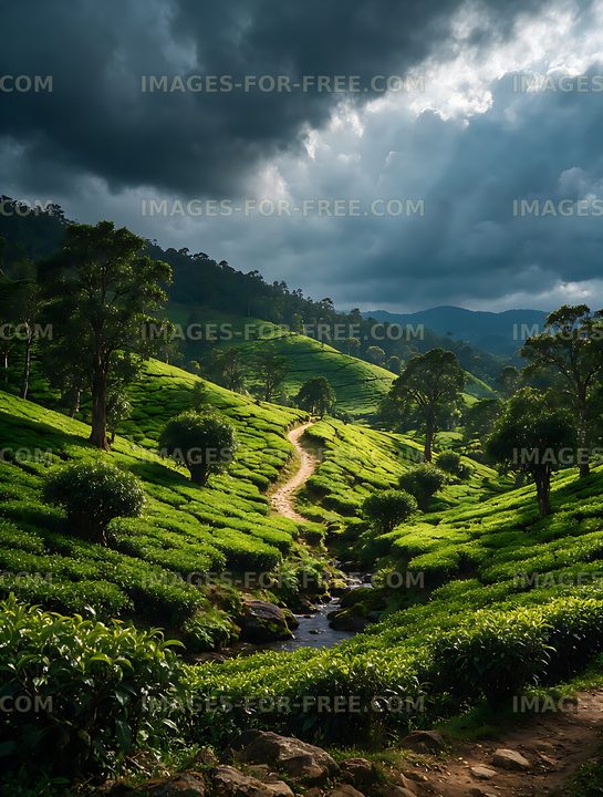Lush tea fields across a mountain valley with storm clouds