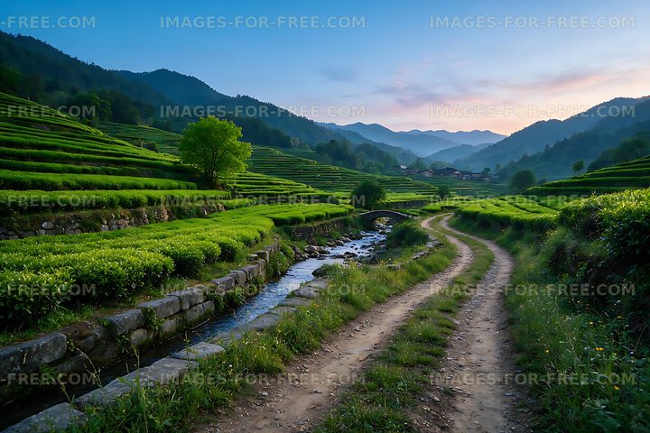 Terraced tea fields and stream in a mountain valley