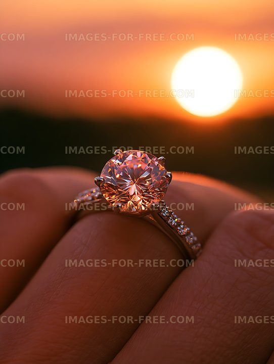 Close-up diamond ring with sunset background