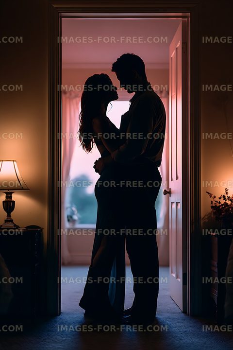 Romantic couple embracing in an open doorway