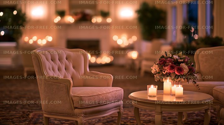 Warm candlelit living room with flowers and classic furniture