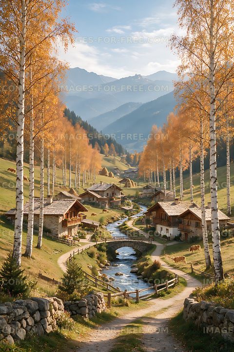 Golden birch trees overlooking a mountain village