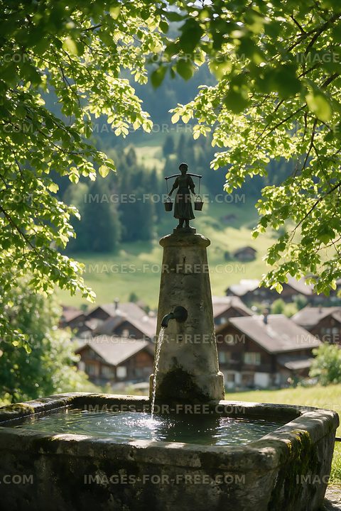 Historic Swiss Village Fountain Beneath Leafy Trees